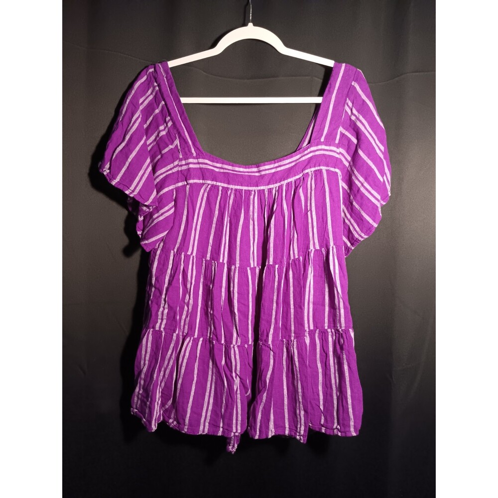 Linen Square Neck Purple Striped Tiered Top 0X Boho Beachy Coastal Summer Flowy